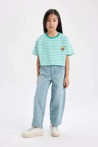 DeFacto Crew Neck Striped Short Sleeve T-Shirt Girl - Image 2