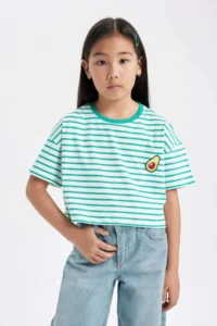 DeFacto Crew Neck Striped Short Sleeve T-Shirt Girl - Image 3