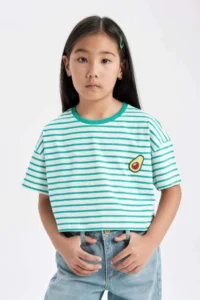 DeFacto Crew Neck Striped Short Sleeve T-Shirt Girl - Image 4