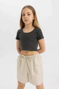 DeFacto Slim Fit Narrow Cut Crew Neck Basic Plain Ribbed Camisole Short Sleeve T-Shirt Girl Child