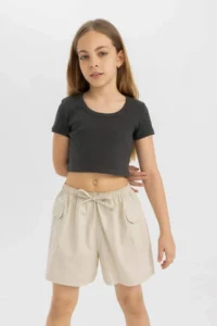 DeFacto Slim Fit Narrow Cut Crew Neck Basic Plain Ribbed Camisole Short Sleeve T-Shirt Girl Child - Image 3