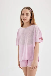 DeFacto Oversize Wide Fit Crew Neck Printed Short Sleeve T-Shirt Girls