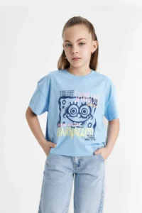 DeFacto Girl's SpongeBob Crew Neck Short Sleeve Crop T-Shirt - Image 6