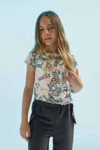 DeFacto Crew Neck Patterned Short Sleeve Crop T-Shirt Girl