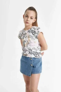 DeFacto Crew Neck Patterned Short Sleeve Crop T-Shirt Girl - Image 4