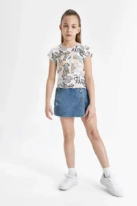 DeFacto Crew Neck Patterned Short Sleeve Crop T-Shirt Girl - Image 5
