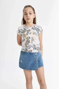 DeFacto Crew Neck Patterned Short Sleeve Crop T-Shirt Girl - Image 6