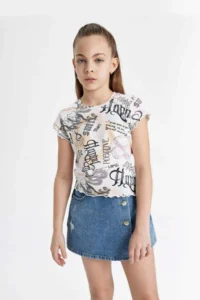 DeFacto Crew Neck Patterned Short Sleeve Crop T-Shirt Girl - Image 7