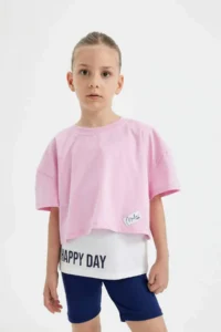 DeFacto Girl's 2-Piece Set Oversize Wide Fit Crew Neck Printed Short Sleeve T-Shirt Strappy Undershirt C4723A
