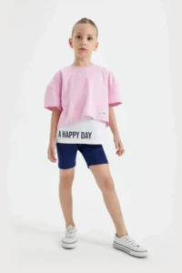 DeFacto Girl's 2-Piece Set Oversize Wide Fit Crew Neck Printed Short Sleeve T-Shirt Strappy Undershirt C4723A - Image 2