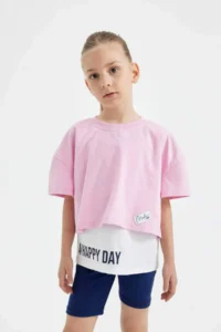 DeFacto Girl's 2-Piece Set Oversize Wide Fit Crew Neck Printed Short Sleeve T-Shirt Strappy Undershirt C4723A - Image 3