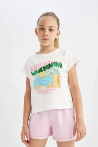 DeFacto Boxy Fit Crew Neck Tropical Patterned Short Sleeve T-Shirt Girls