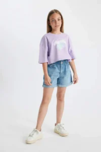DeFacto Crew Neck Crop Glow in the Dark Printed Short Sleeve T-Shirt Girls - Image 6