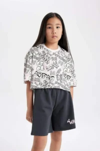 DeFacto Girls' Printed Crop Short Sleeve T-Shirt - Image 2