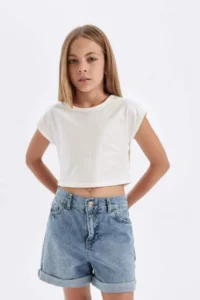 DeFacto Slim Fit Narrow Cut Crew Neck Ribbed Camisole Short Sleeve T-Shirt Girl Child