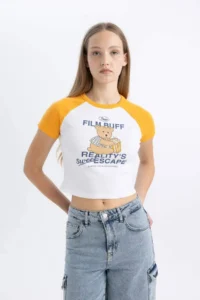 DeFacto Cool Fitted Crew Neck Printed Ribbed Camisole Short Sleeve T-Shirt