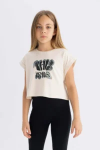 DeFacto Crew Neck Printed Short Sleeve T-Shirt Girls