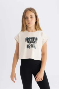 DeFacto Crew Neck Printed Short Sleeve T-Shirt Girls - Image 3