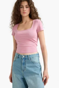 DeFacto Fitted U Neck Basic Plain Short Sleeve T-Shirt - Image 3
