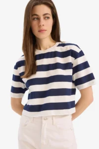 DeFacto Boxy Fit Striped Crew Neck Basic Short Sleeve T-Shirt C6198ax24sm - Image 3