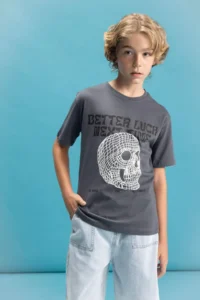 DeFacto Crew Neck Color Changing Printed Short Sleeve T-Shirt Boys
