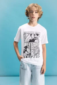 DeFacto Crew Neck Color Changing Printed Short Sleeve T-Shirt Boys