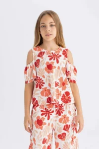 DeFacto Crew Neck Wrapped Short Sleeve T-Shirt Girls - Image 3