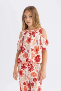 DeFacto Crew Neck Wrapped Short Sleeve T-Shirt Girls - Image 4