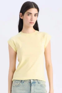 DeFacto Slim Fit Narrow Cut Crew Neck Basic Plain Rib Short Sleeve T-Shirt