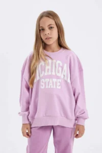 DeFacto Girl's Relax Fit Crew Neck Printed School Sweatshirt