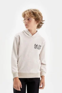 DeFacto Beige Hooded Printed School Sweatshirt Boy