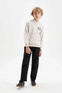 DeFacto Beige Hooded Printed School Sweatshirt Boy - Image 2