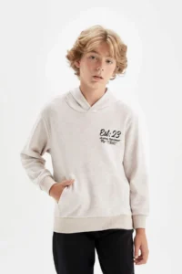 DeFacto Beige Hooded Printed School Sweatshirt Boy - Image 3