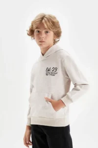 DeFacto Beige Hooded Printed School Sweatshirt Boy - Image 4