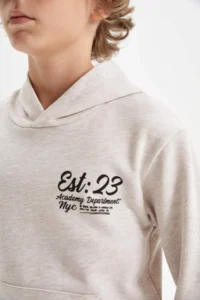 DeFacto Beige Hooded Printed School Sweatshirt Boy - Image 5