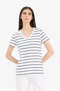 DeFacto Relax Fit V-Neck Striped Short Sleeve T-Shirt - Image 4