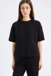 DeFacto Relax Fit Crew Neck Basic Plain Short Sleeve Black T-Shirt - Image 3