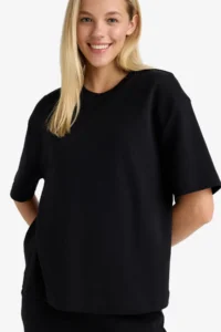 DeFacto Relax Fit Crew Neck Basic Plain Short Sleeve Black T-Shirt