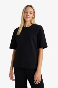 DeFacto Relax Fit Crew Neck Basic Plain Short Sleeve Black T-Shirt - Image 3