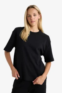 DeFacto Relax Fit Crew Neck Basic Plain Short Sleeve Black T-Shirt - Image 4