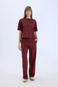 DeFacto Relax Fit Crew Neck Basic Plain Short Sleeve Claret Red T-Shirt - Image 2