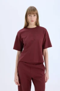DeFacto Relax Fit Crew Neck Basic Plain Short Sleeve Claret Red T-Shirt - Image 3