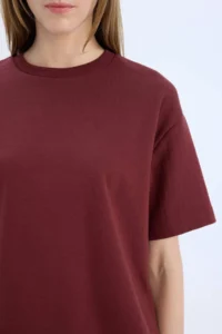 DeFacto Relax Fit Crew Neck Basic Plain Short Sleeve Claret Red T-Shirt - Image 4