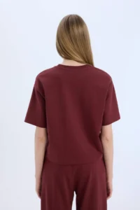 DeFacto Relax Fit Crew Neck Basic Plain Short Sleeve Claret Red T-Shirt - Image 5