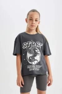DeFacto Relax Fit Crew Neck 3D Printed Short Sleeve T-Shirt Girls - Image 4