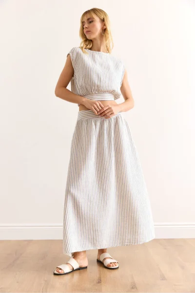 Olalook Women's Blue Striped Side Zipper Midi A-Line Muslin Skirt