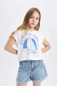 DeFacto Crop Crew Neck Marine Printed Short Sleeve T-Shirt Girls