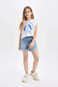 DeFacto Crop Crew Neck Marine Printed Short Sleeve T-Shirt Girls - Image 2