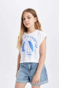 DeFacto Crop Crew Neck Marine Printed Short Sleeve T-Shirt Girls - Image 3