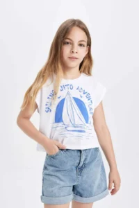 DeFacto Crop Crew Neck Marine Printed Short Sleeve T-Shirt Girls - Image 4